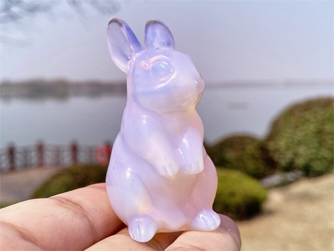 2″ Hand Carved Pink opalite Rabbit Reiki Quartz Crystal Skull Figurines decor 1x