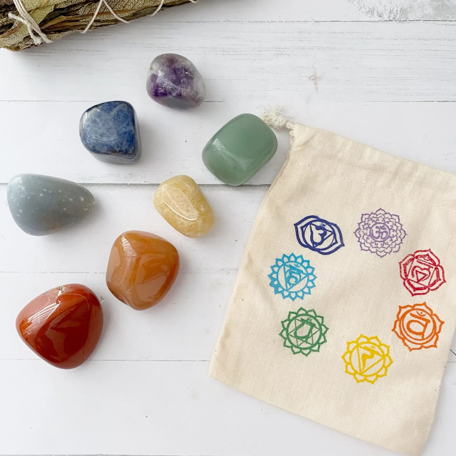 7 Chakra Tumbled Stones & Cotton Bag, Beginner Crystal Set Reiki Crystal Healing