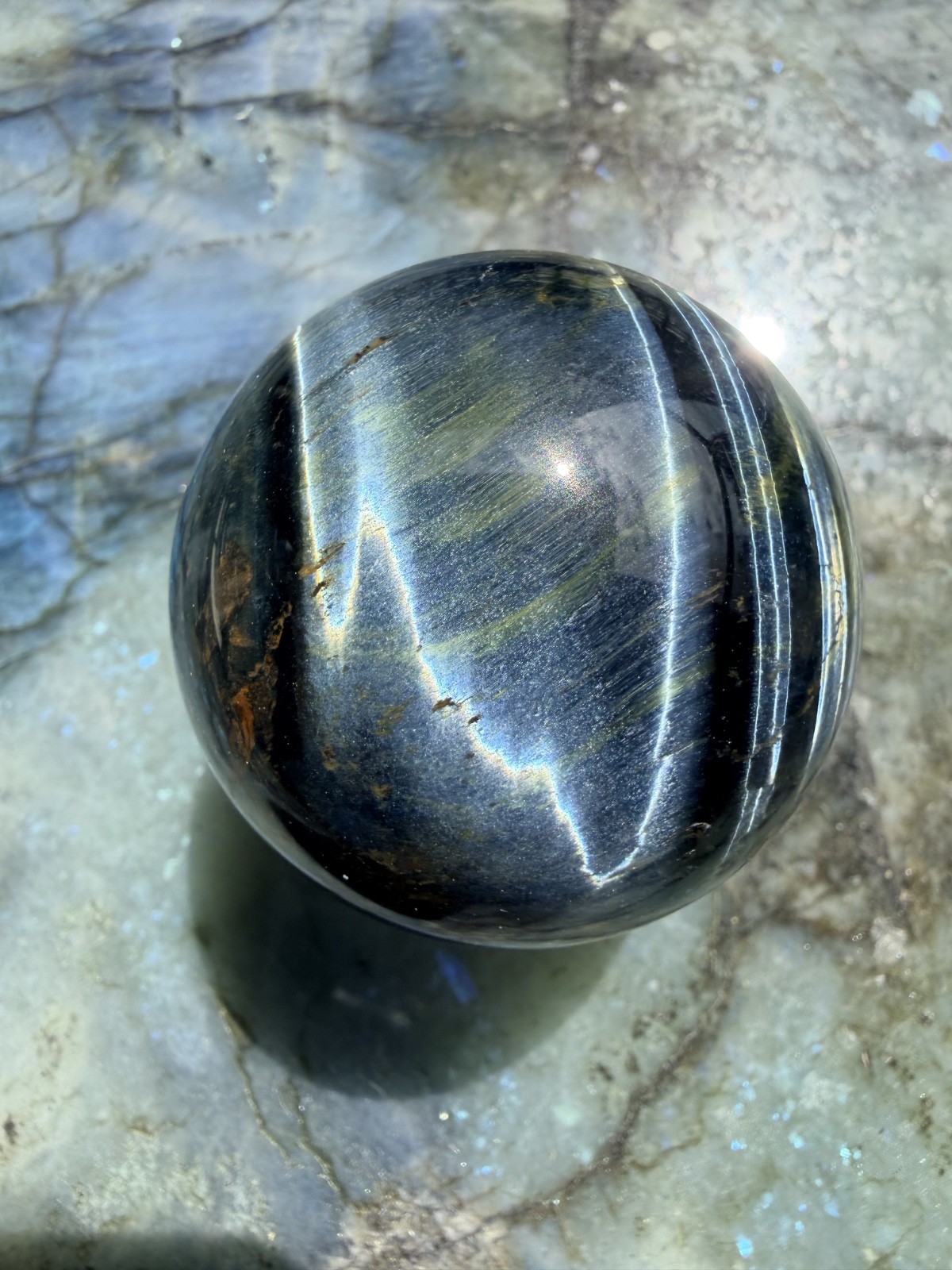 Blue Tiger’s Eye (Hawk’s Eye) Sphere | Intense Chatoyancy Cat’s Eye Effect 2.3″