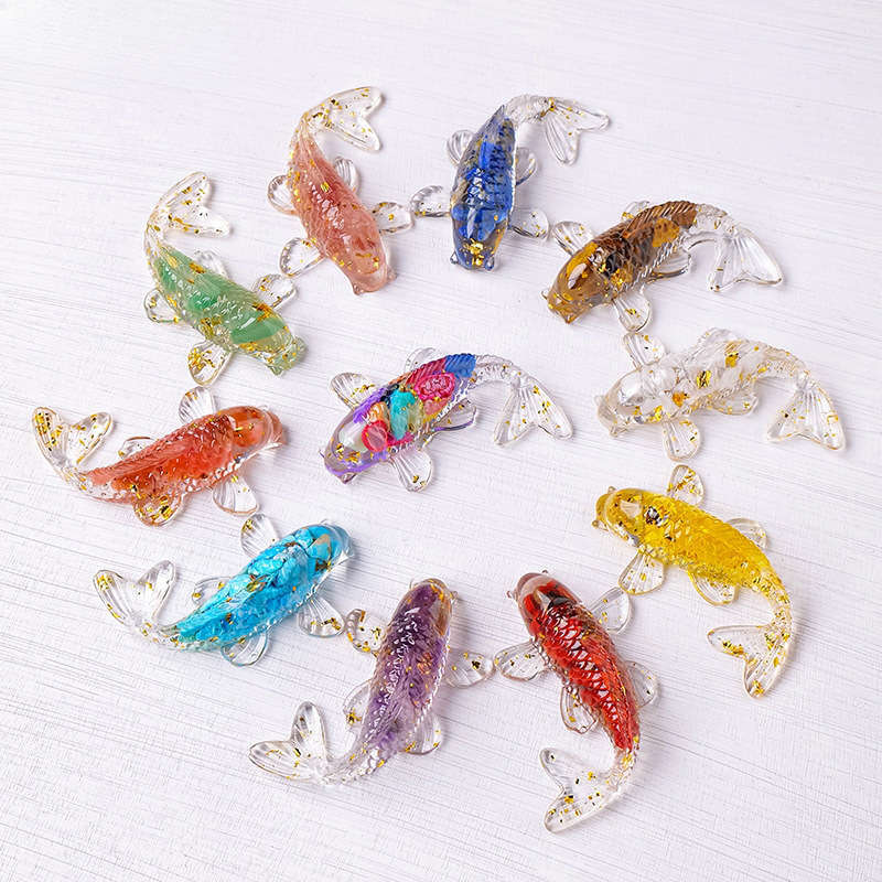 Natural Quartz Crystal Chip Stone Koi Carved Drop Glue Lucky Fish Resin Ornament