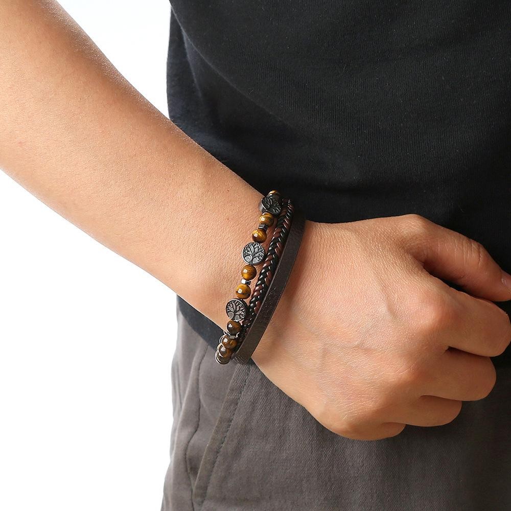 Men’s Classic Tiger Eye Beaded Leather Bracelet Multi Layer Elegant Jewelry Gift