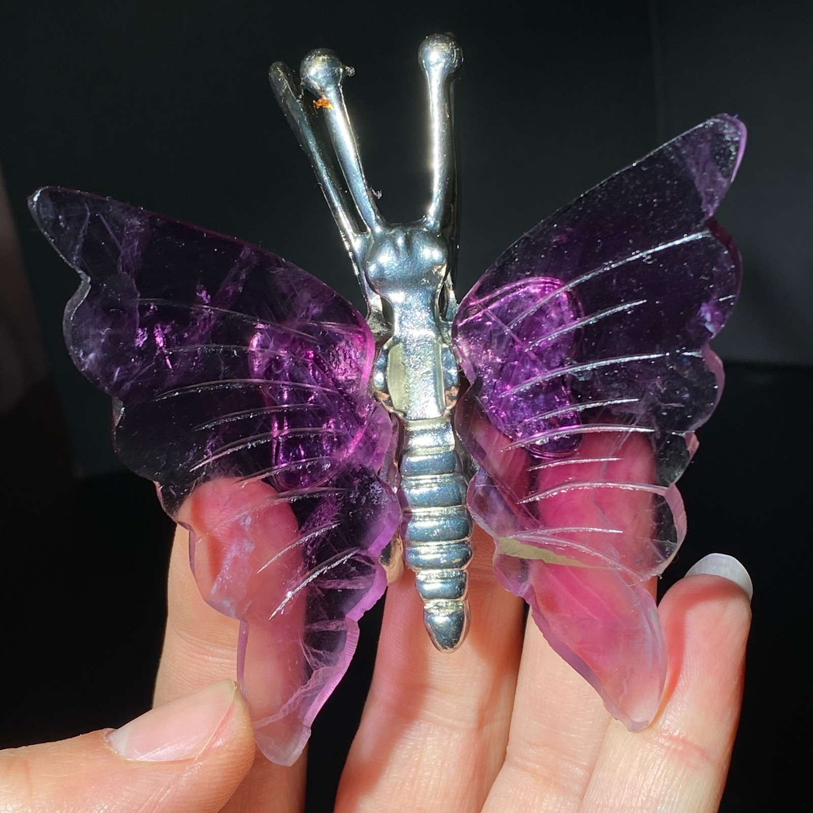 Natural Crystal Fluorite Butterfly Wings Healing Statue Decor + Stand