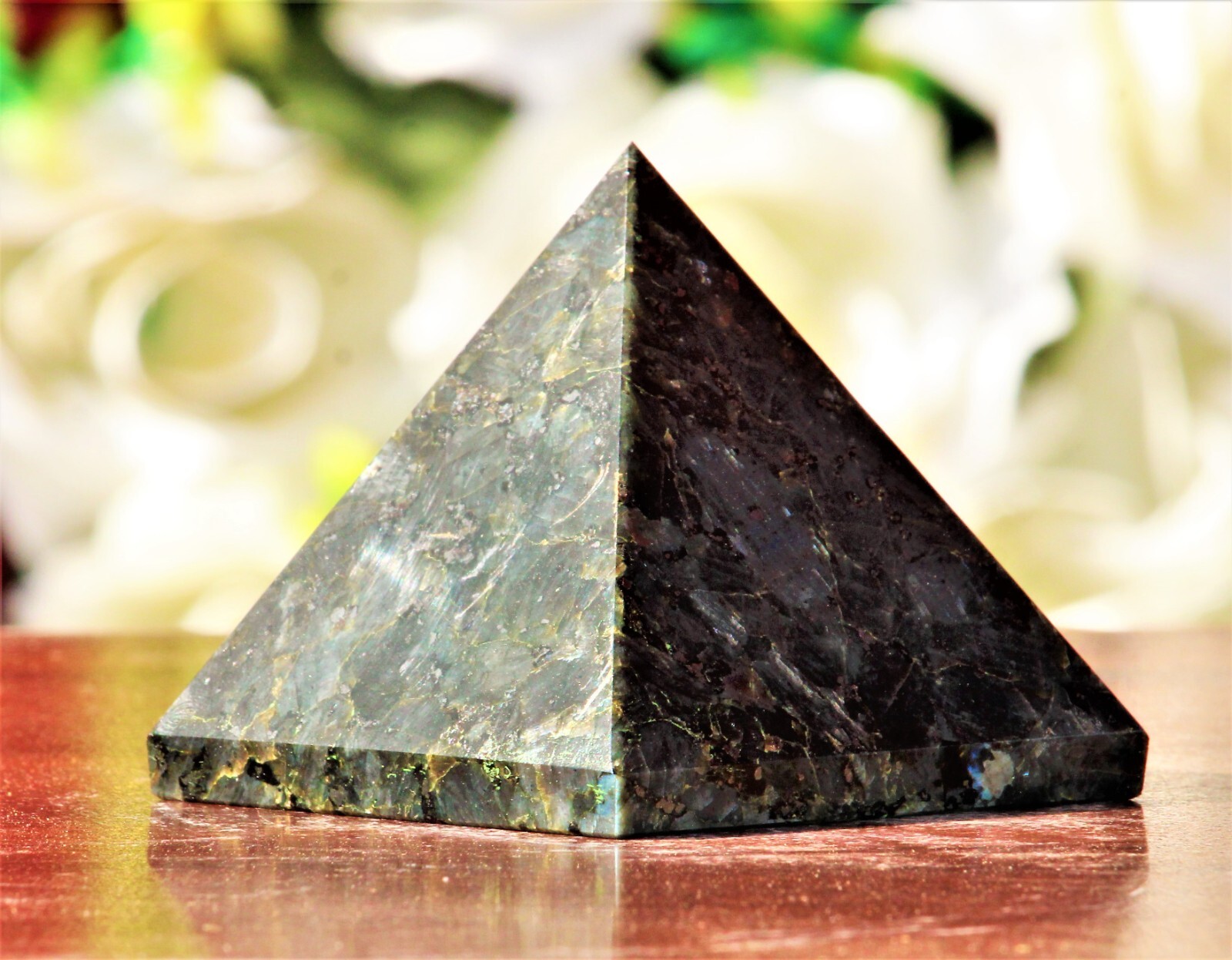 Large 70MM Black Larvikite Flash Crystal Healing Meditation Metaphysical Pyramid