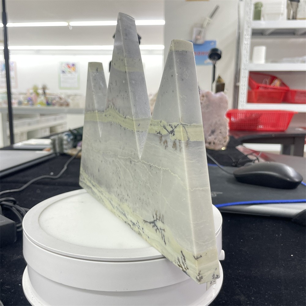 2.9LB 9.6″ Natural Dendritic Jade Triangle Mountain Decor Crystal Quartz Energy