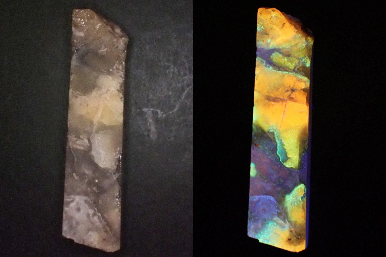 Beautifully fluorescent Hokkaidoite and opals containing organic minerals B262