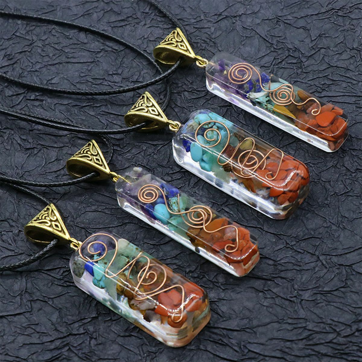 7 Chakra Energy Generator Pendant Copper Coil Orgonite Necklace HANDMADE Rainbow