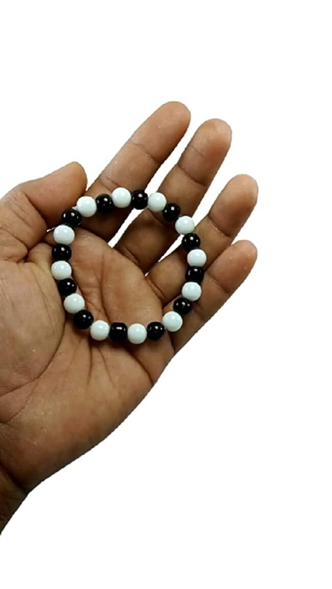 Black & White Smooth Round Gemstone Beads Elastic Cord Bracelet 8 mm size
