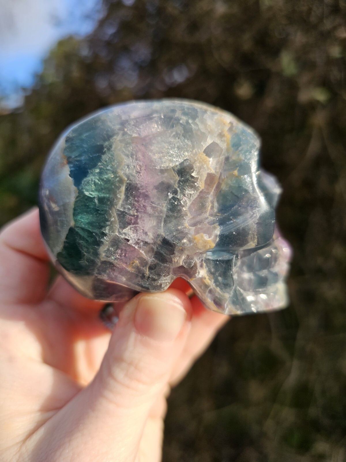 Rainbow Fluorite Skull Crystal Carving 317g Purple Green Blue 6.5x 5 x 4.4cm