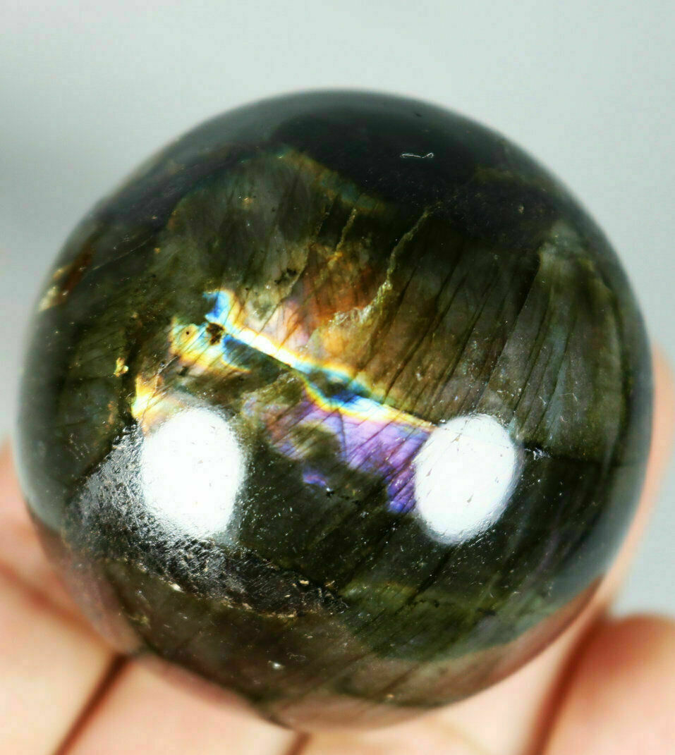 Natural Labradorite Stone Crystal Ball SPHERE Rosewood Stand Madagascar 51mm