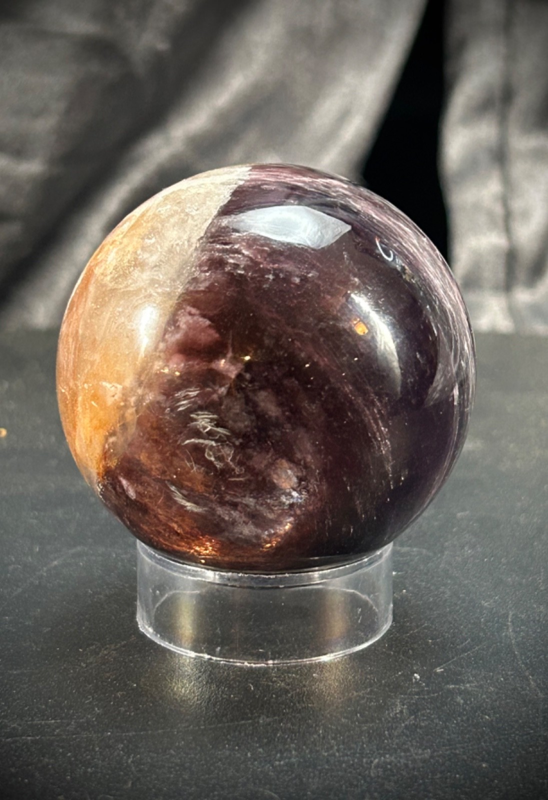 2″ Gem Lipidolite and Hematoid Quartz Sphere with Acrylic Stand 6.5 oz