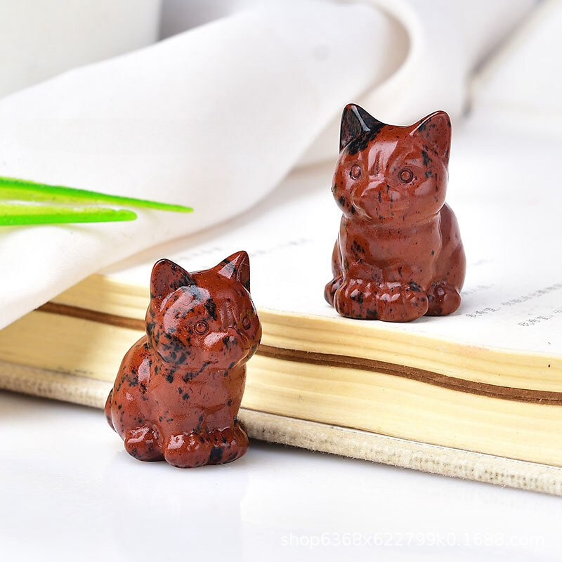 Natural Red Obsidian Quartz Crystal Felines Carved Lucky Cat Healing Mini Mscot