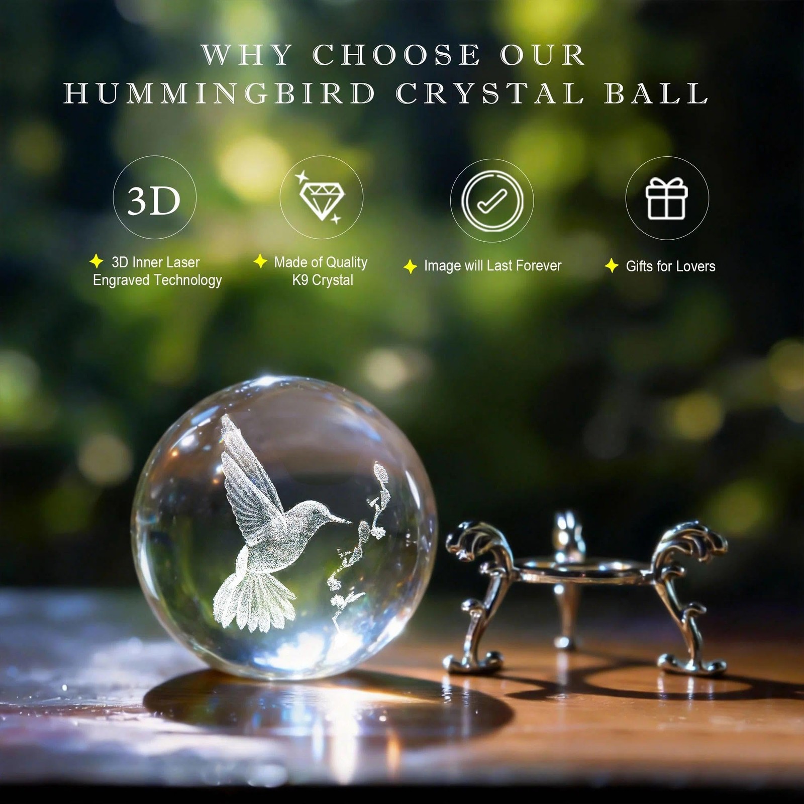 HDCRYSTALGIFTS 3D Hummingbird Crystal Ball 60mm – Laser 2.36inch, Clear
