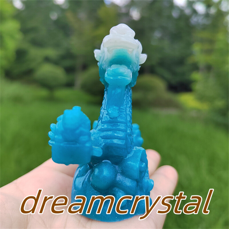 4″ Blue Luminous Stone Sculpture Chinese Dragon Resin Sculpture Skull Gift 1pc