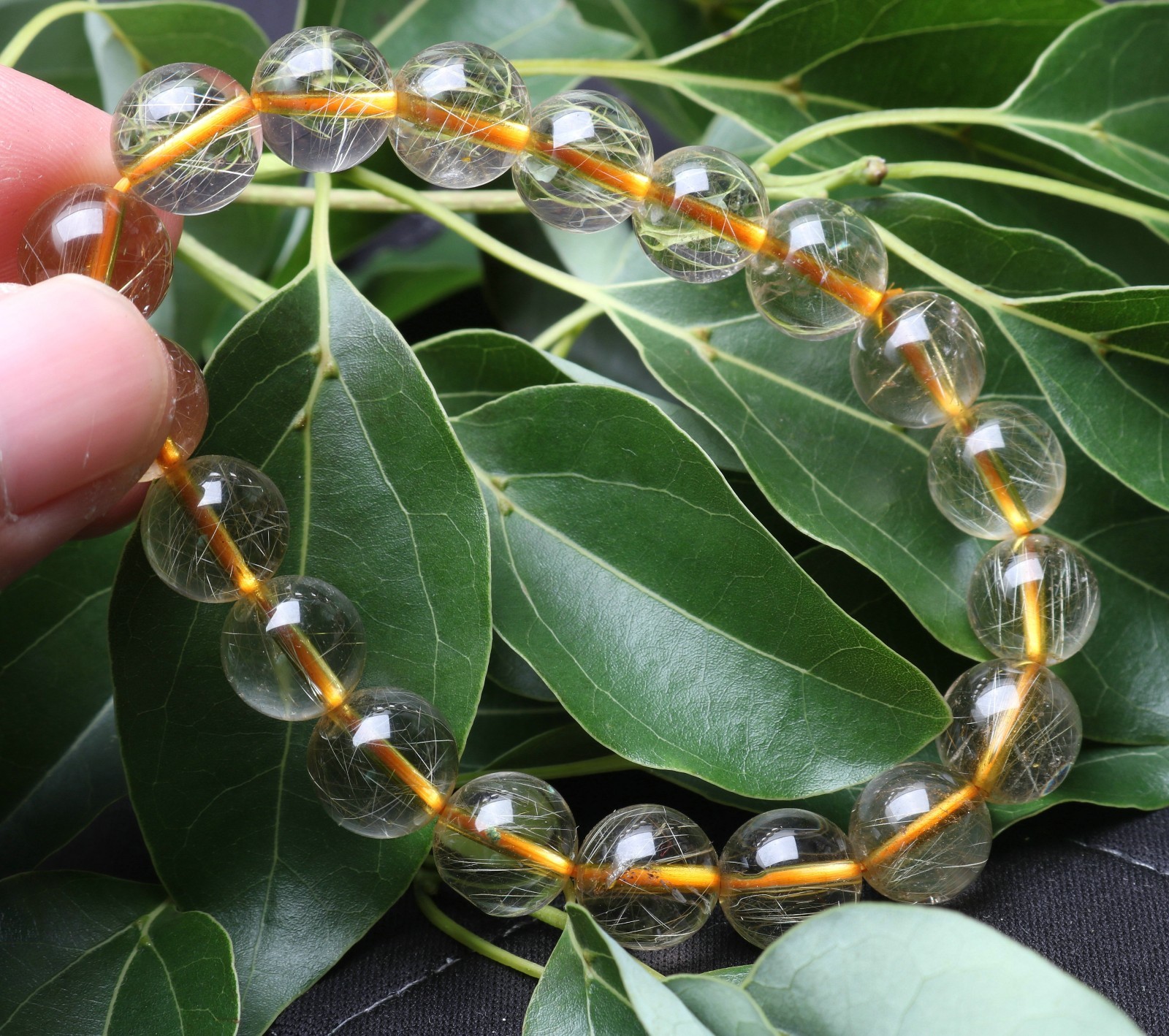 30.5g Rare Natural Clear Gold Rutilated Quartz Crystal 10mm Round Bead Hand cate