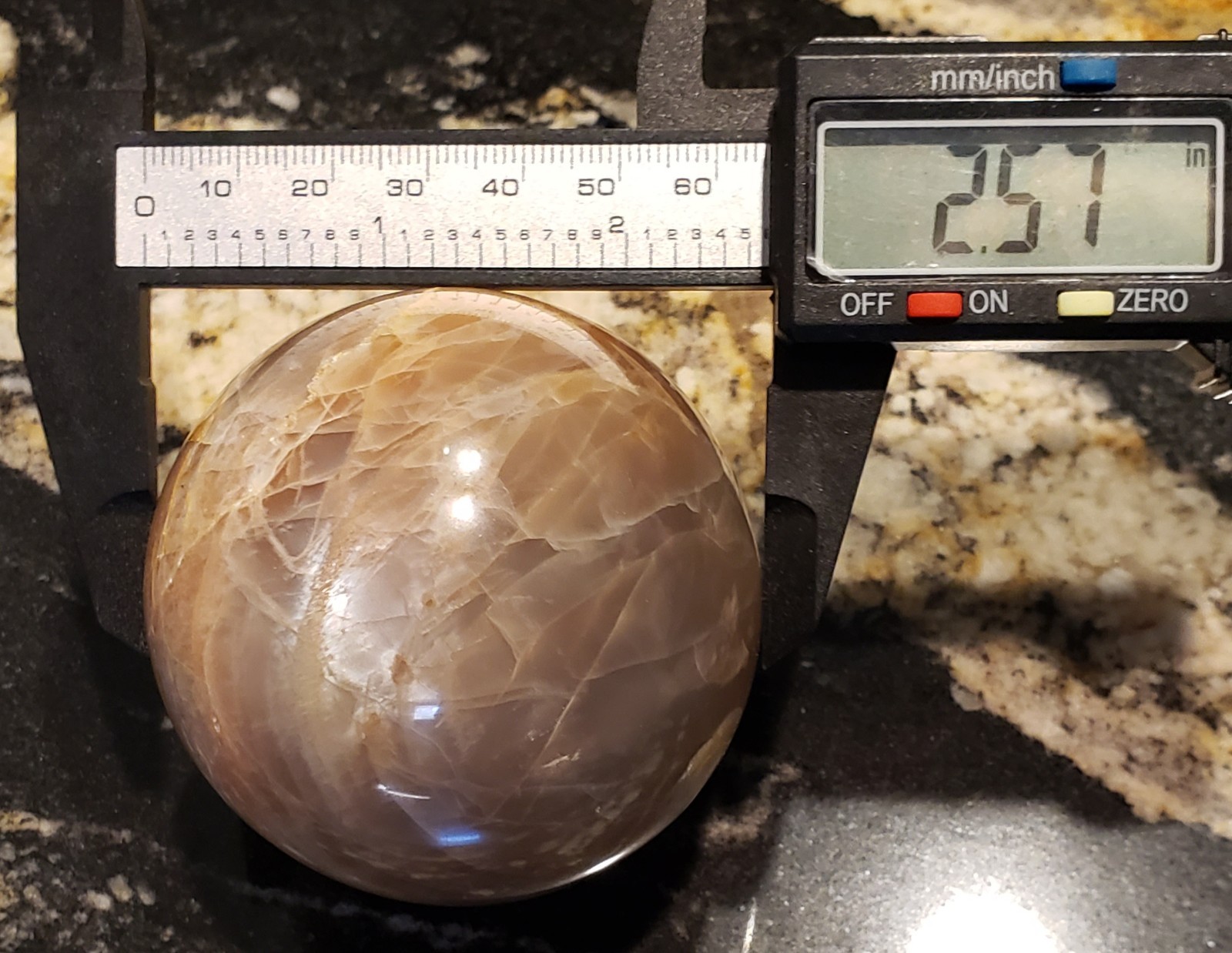 2.5″ Peach Moonstone Sunstone Flashy Quartz Crystal Sphere Ball Orb UV, 377g