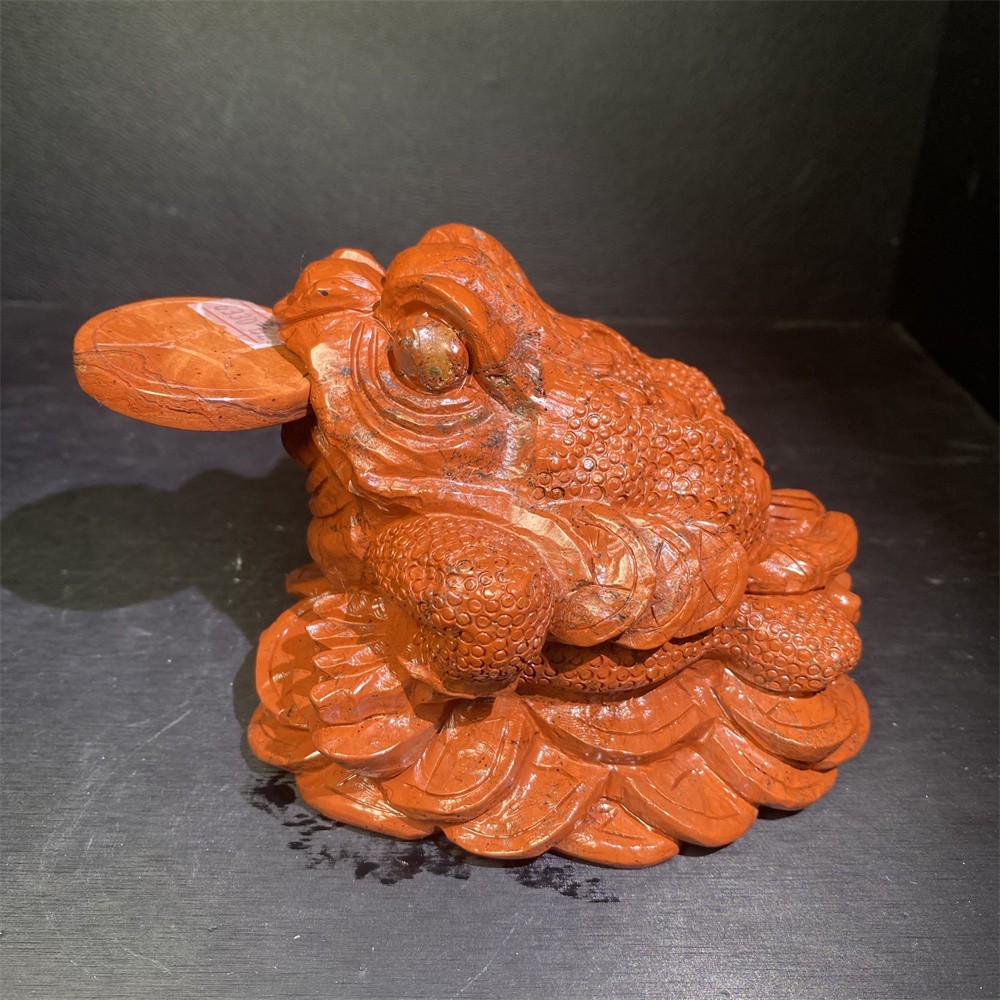 3LB 4.5″ Natural Red Jasper Golden Toad Statue Crystal Reiki Carving Coin Decor