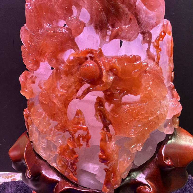 12LB Top Natural Red quartz crystal Dragon + Phoenix Carved Crystal skull Reiki
