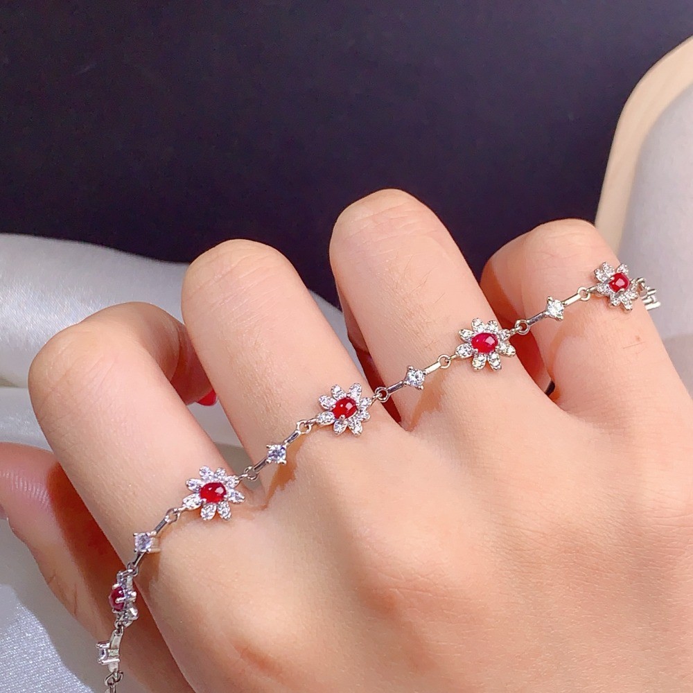 Natural ruby Floral Bracelet Gemstone jewelry S925 Silver Plated 18K Gold Gift