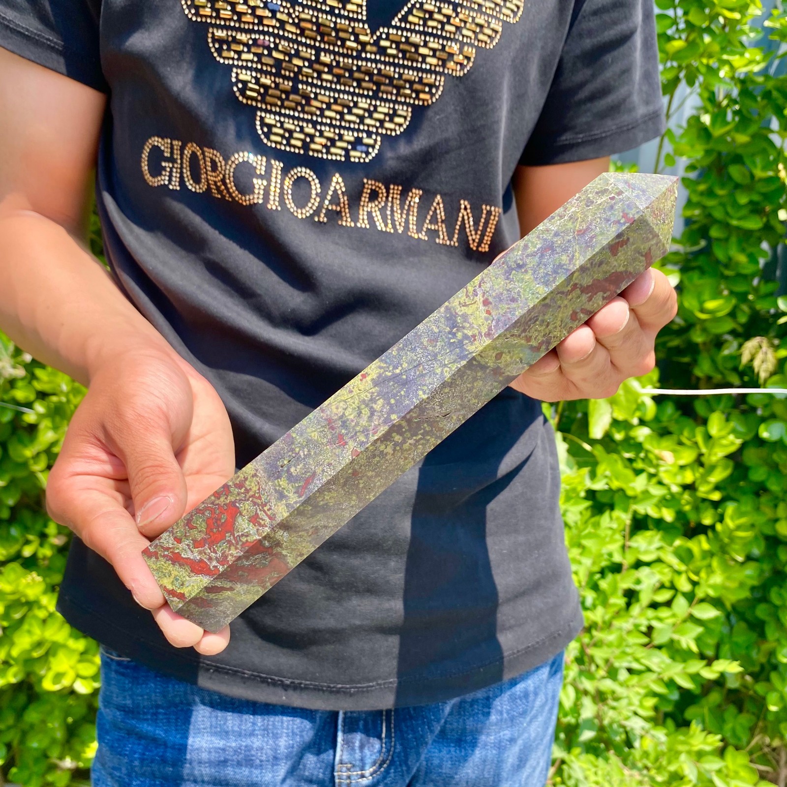 1.82LB Natural dragon’s blood stone obelisk quartz crystal column restoration