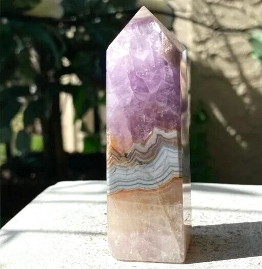 Natural Amethyst Lace Agate Tower Point Healing Crystal Reiki Obelisk Decoration