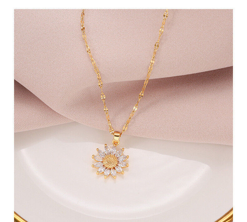 Women’s Fashion Jewelry Gold Cubic Zircon Sunflower Pendant Necklace 1PC