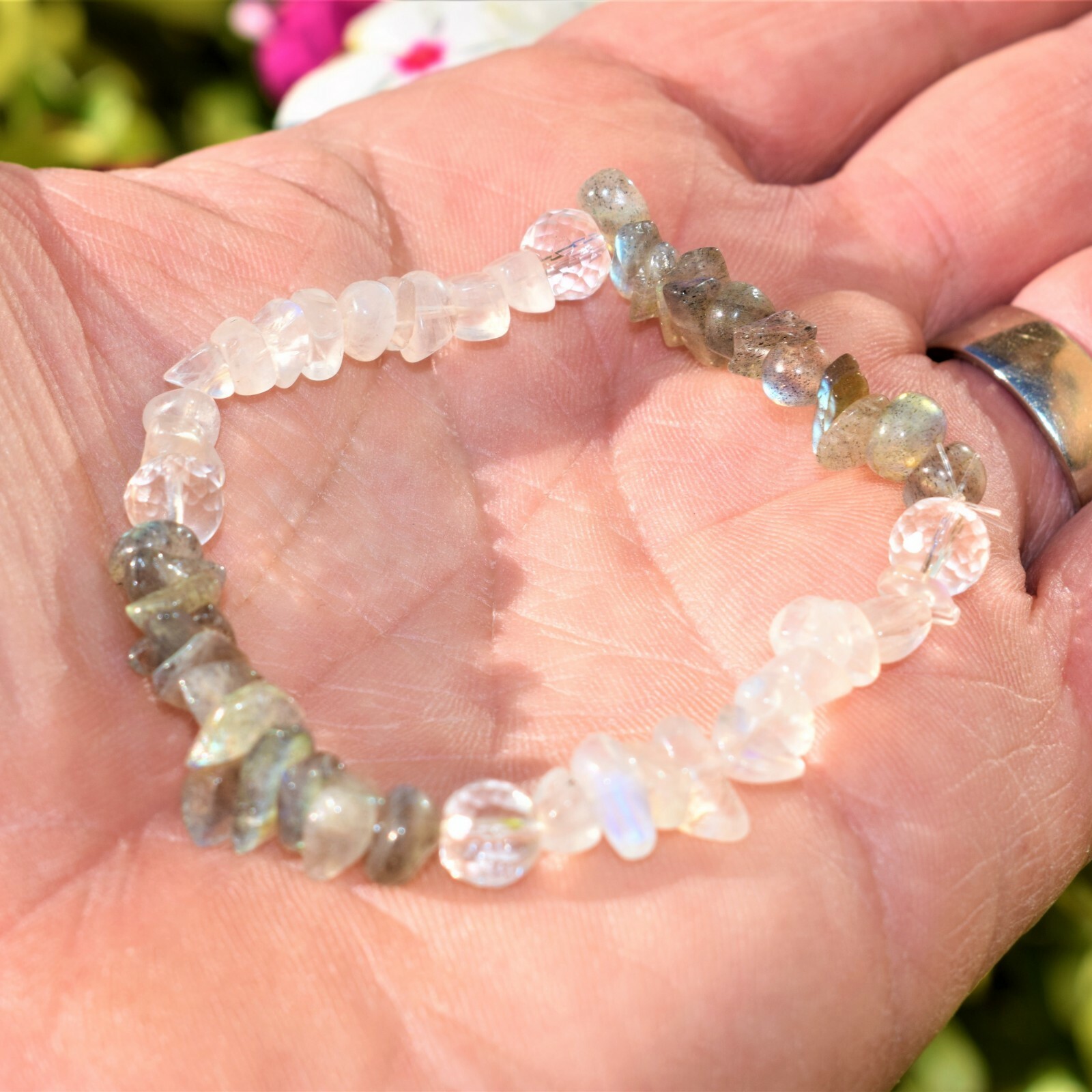 CHARGED Moonstone Labradorite Crystal Stretchy Bracelet w / Quartz REIKI Energy!