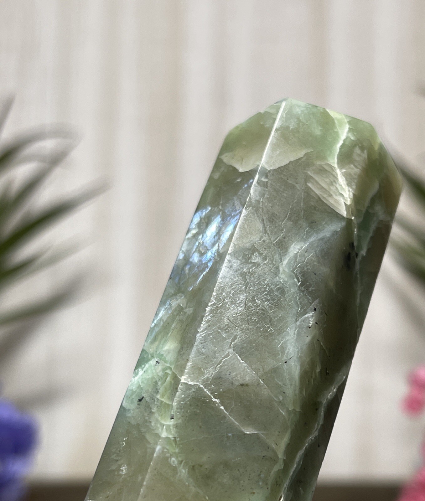 GREEN MOONSTONE TOWER – Blue Flash Garnierite Crystal Mineral Point Witch Wiccan
