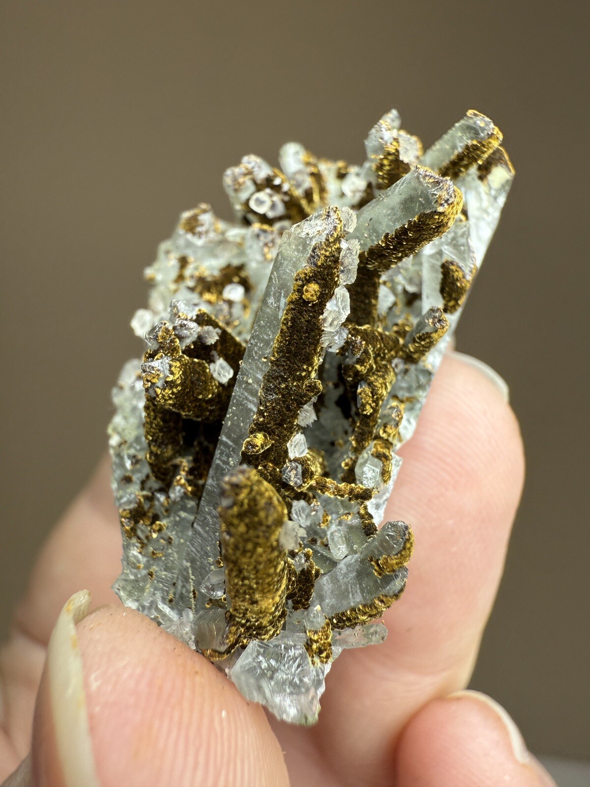 STUNNING Druzy Calcite & Bronze Velvet Chalcopyrite on Quartz Cluster • China
