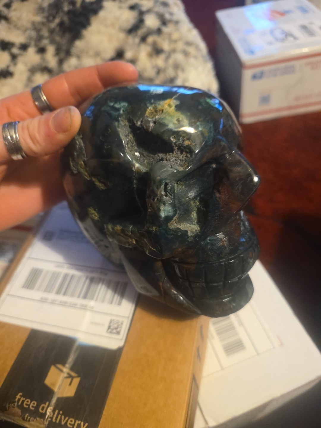 Huge Moss agate Human Skull, Giant, Massive Carving, With Druzy, Red And Greens