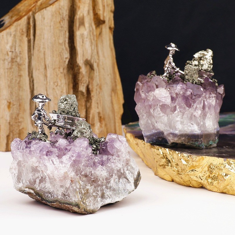 Natural Amethyst Cluster with Alloy Miner Figurine Home Decor Ornament 1PCS