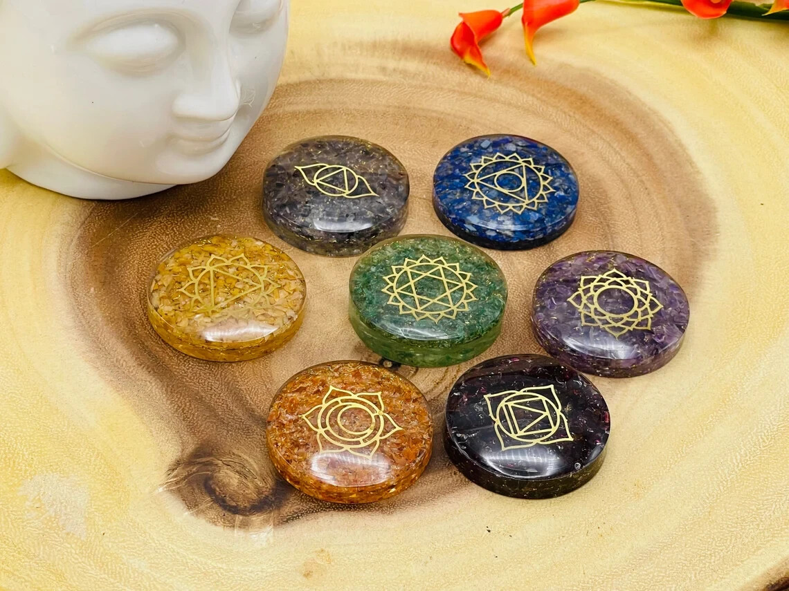 7 Chakra Round Orgone Smooth Stone Set With Engraved Chakra Symbols, 1.5 Inch