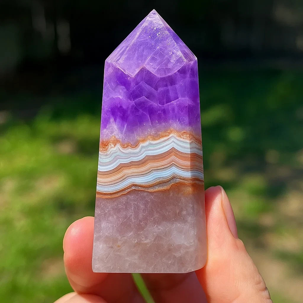 AA+ Grade Amethyst Lace Agate Tower Point – Healing Crystal for Meditation Gift