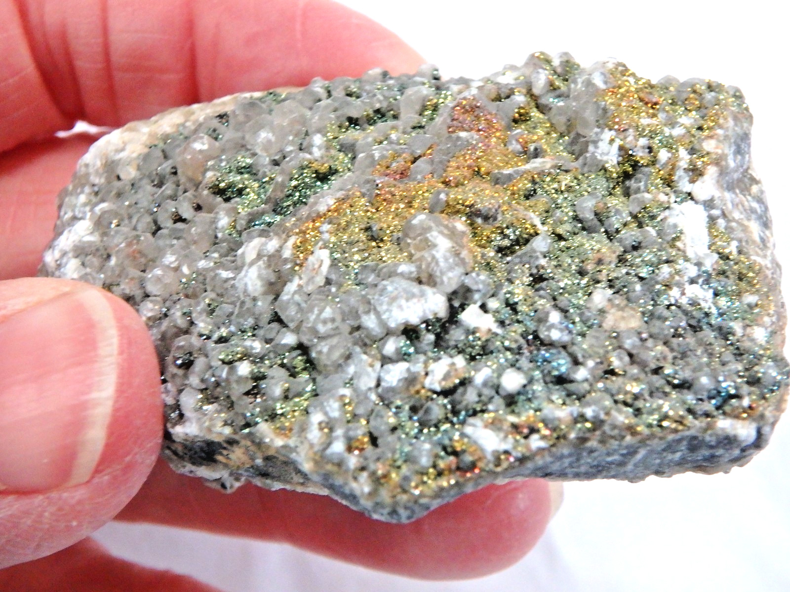 💚✨Rainbow Chalcopyrite on Calcite 💚 94.8 grams Lots of Sparkles