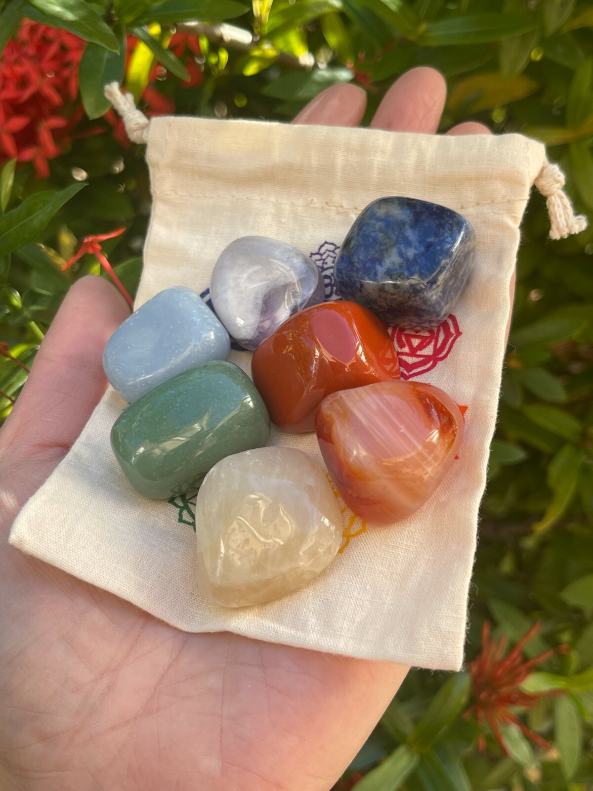 Chakra Genuine Tumbled Stone Set 7 With Chakra Print Cotton Bag, Wholesale Bulk