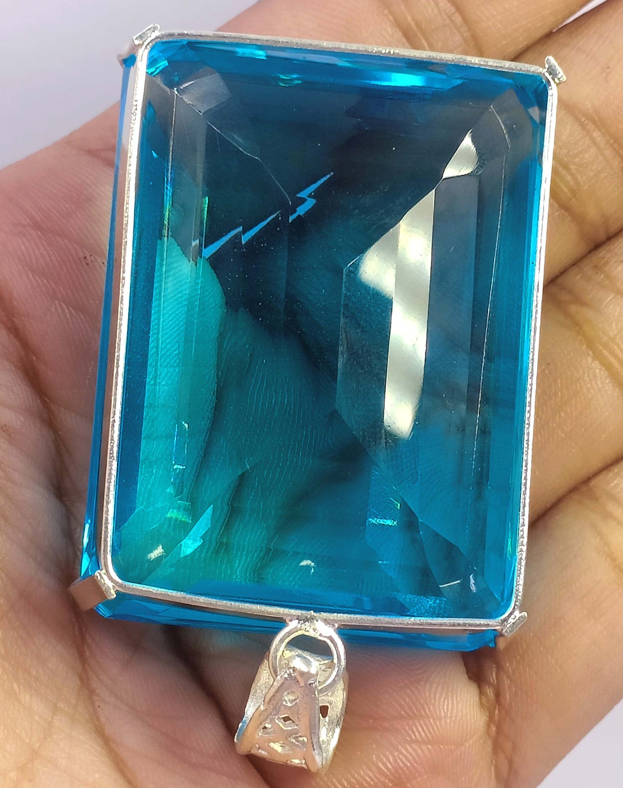 257 Ct Natural Blue Aquamarine IGL Emerald Cut Pendant 925 Sterling Silver 6FRW
