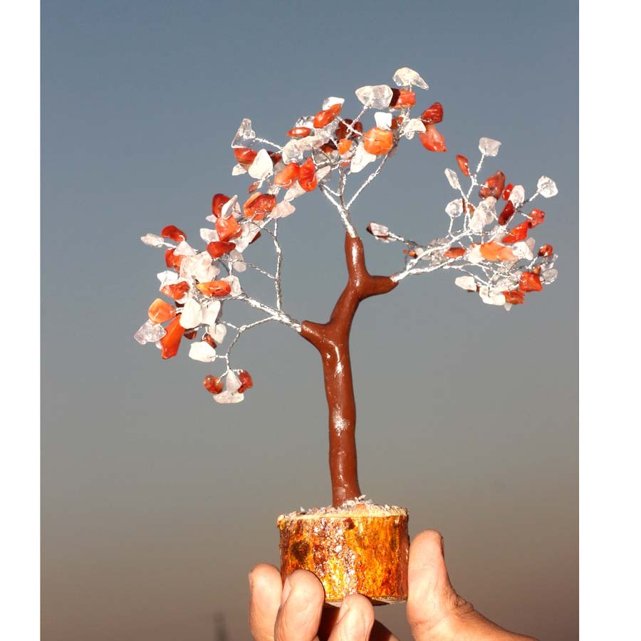 150+ Carnelian + Crystal Quartz Gemstones Silver Branches Bonsai Tree Decor JW