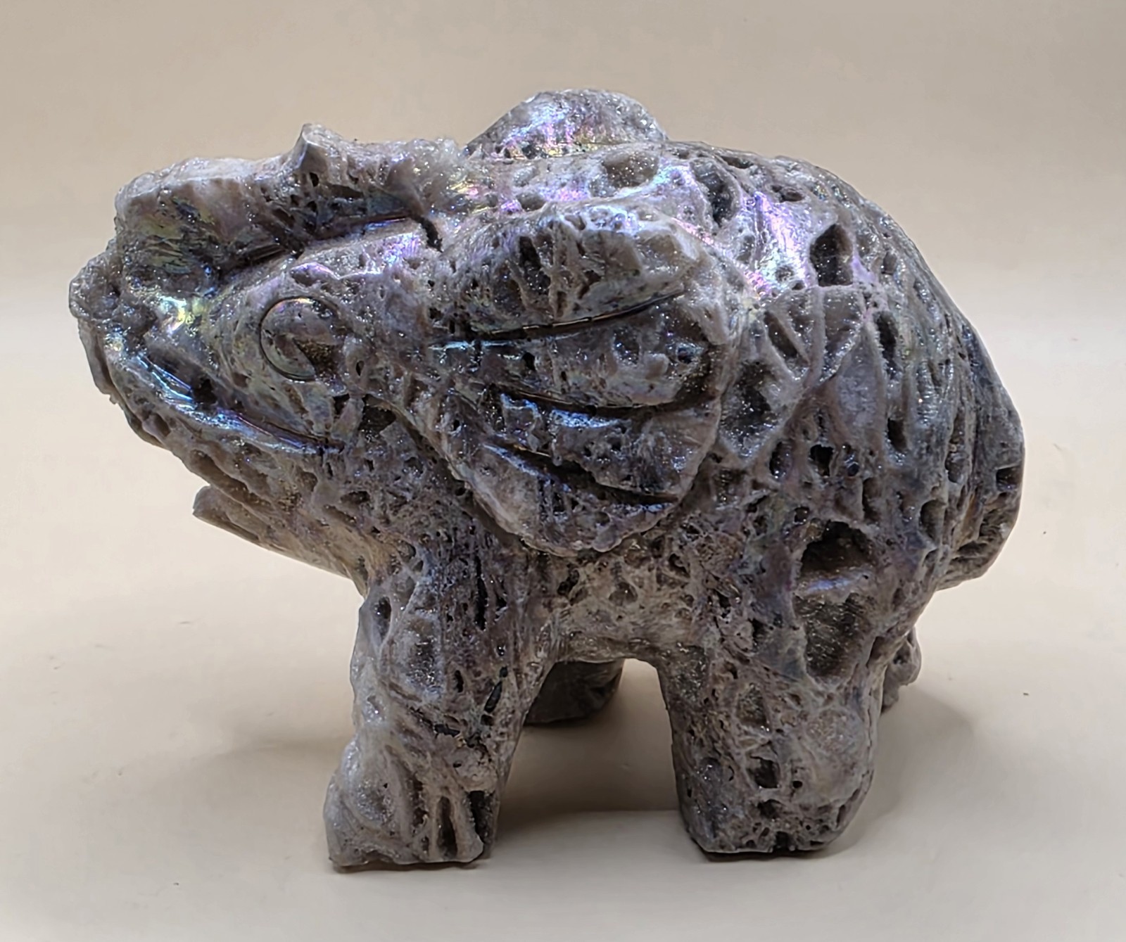 Sphalerite Druzy Elephant Carving Aura Coated Pink,Blue,Purple,yellow Flash