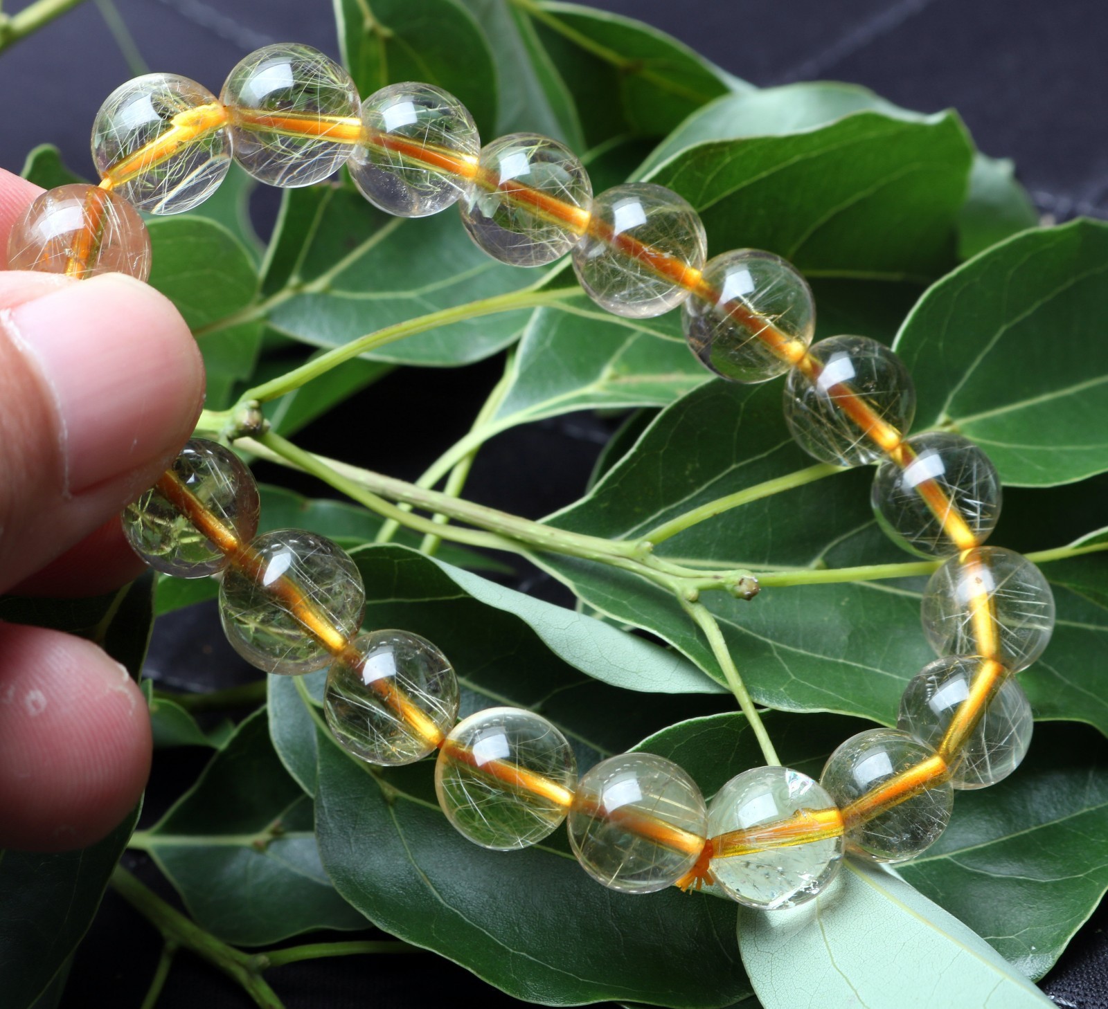 30.5g Rare Natural Clear Gold Rutilated Quartz Crystal 10mm Round Bead Hand cate
