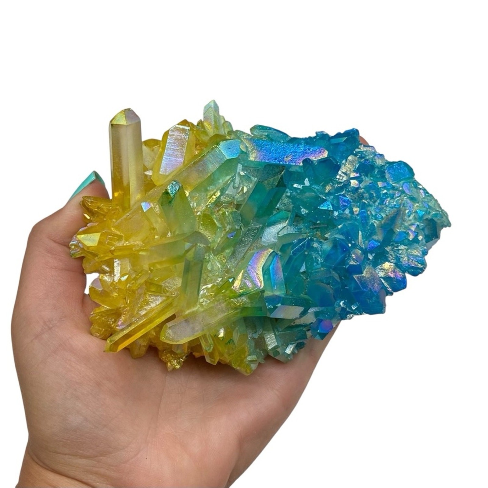 Aura Quartz Crystal Cluster Yellow Blue Clear Iridescent Stone Display Gift