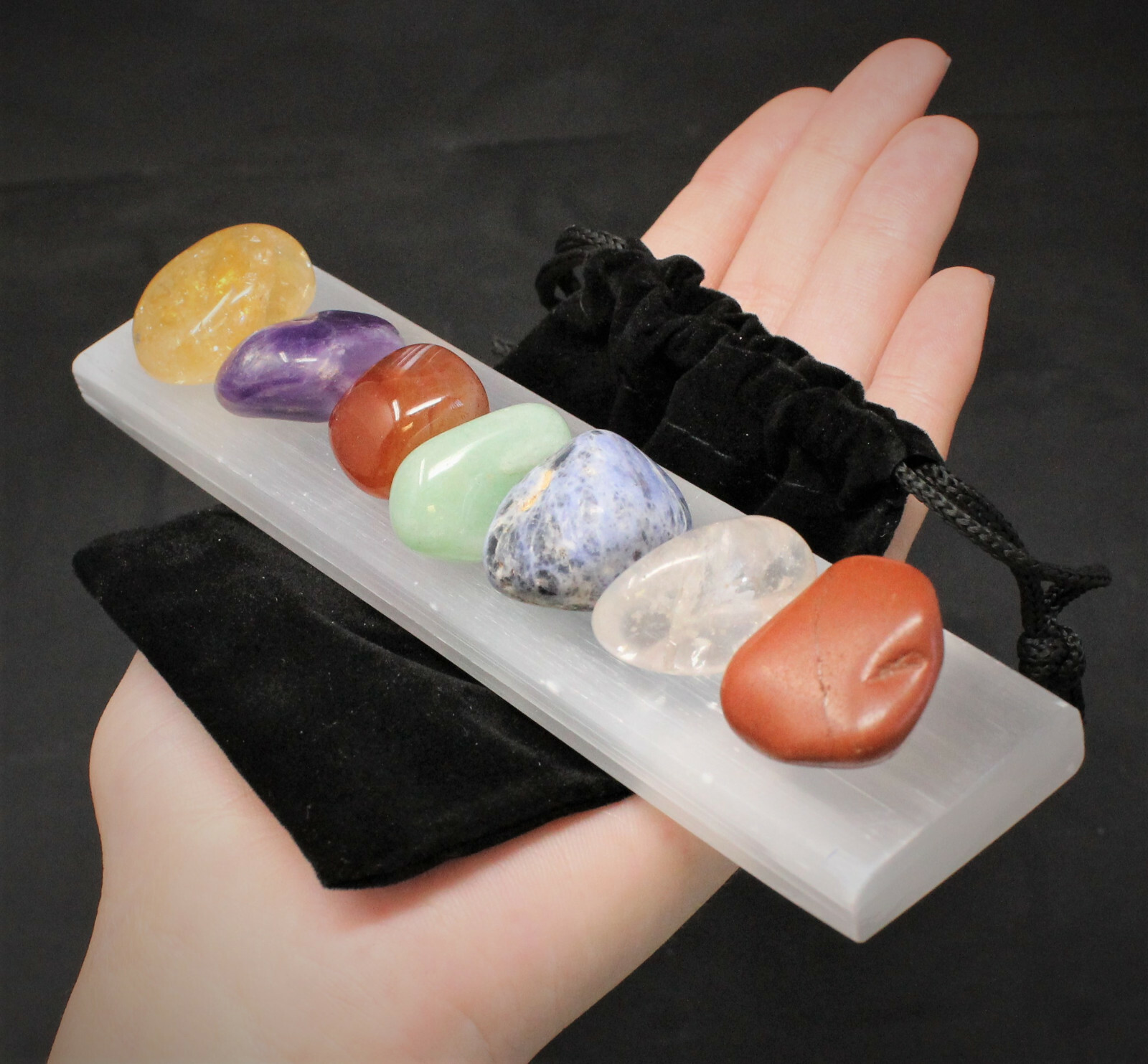 CHAKRA BALANCING: 7 Tumble Stones Pouch Polished Selenite Charging Plate + Guide