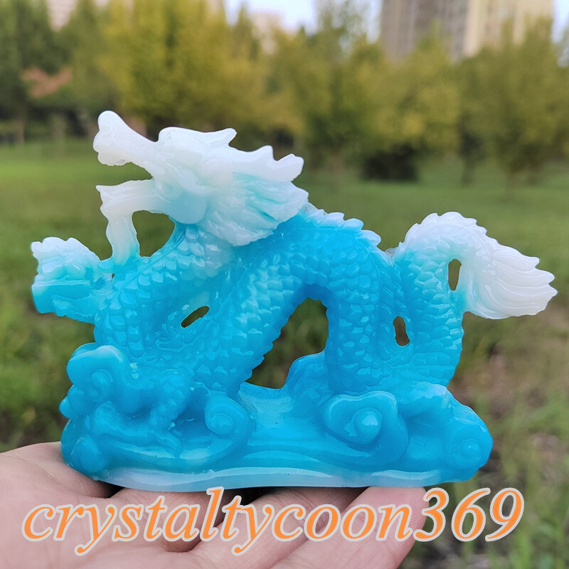 4″ Resin Chinese Dragon Decoration Blue Luminous Stone Statues Skull Gift 1pc