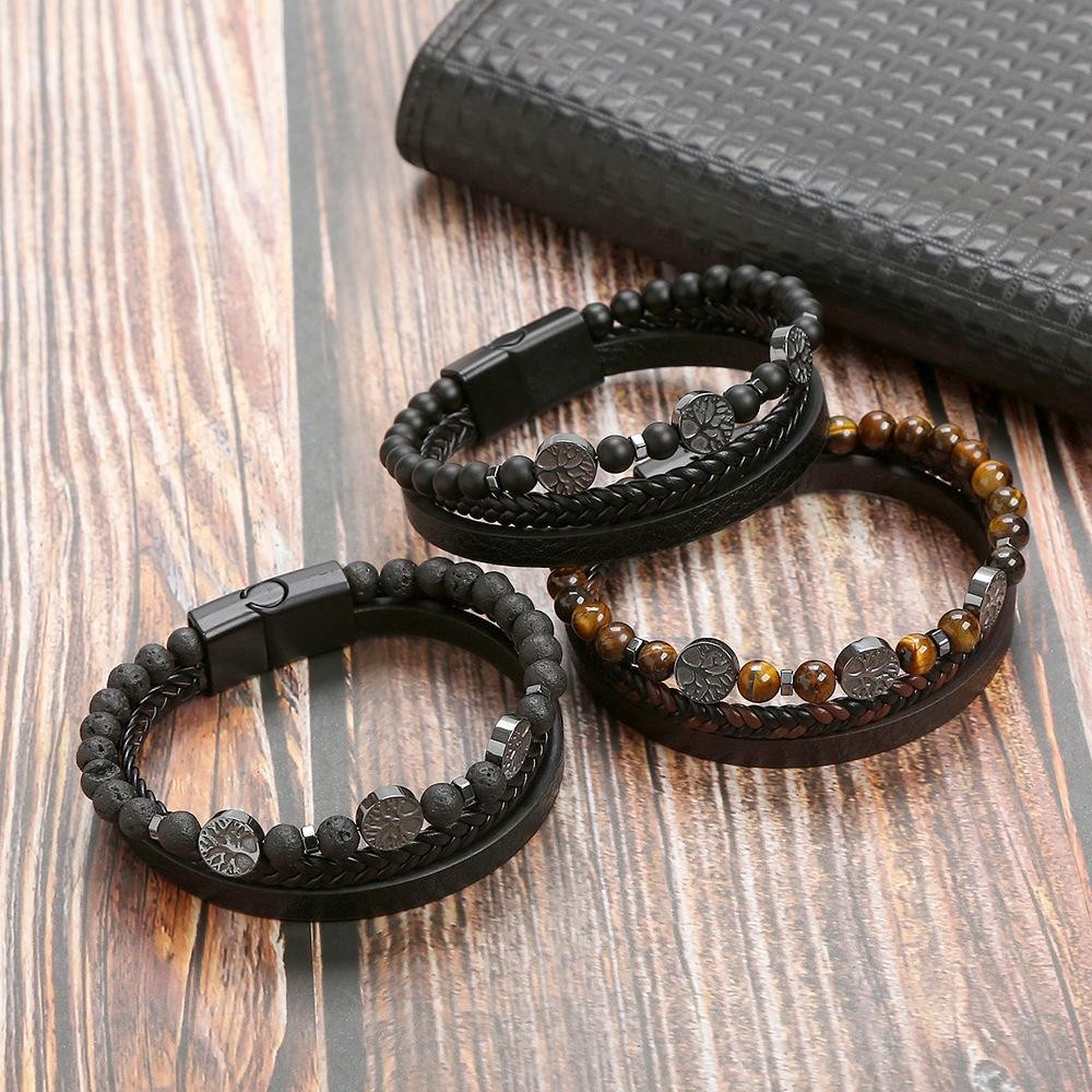 Men’s Classic Tiger Eye Beaded Leather Bracelet Multi Layer Elegant Jewelry Gift