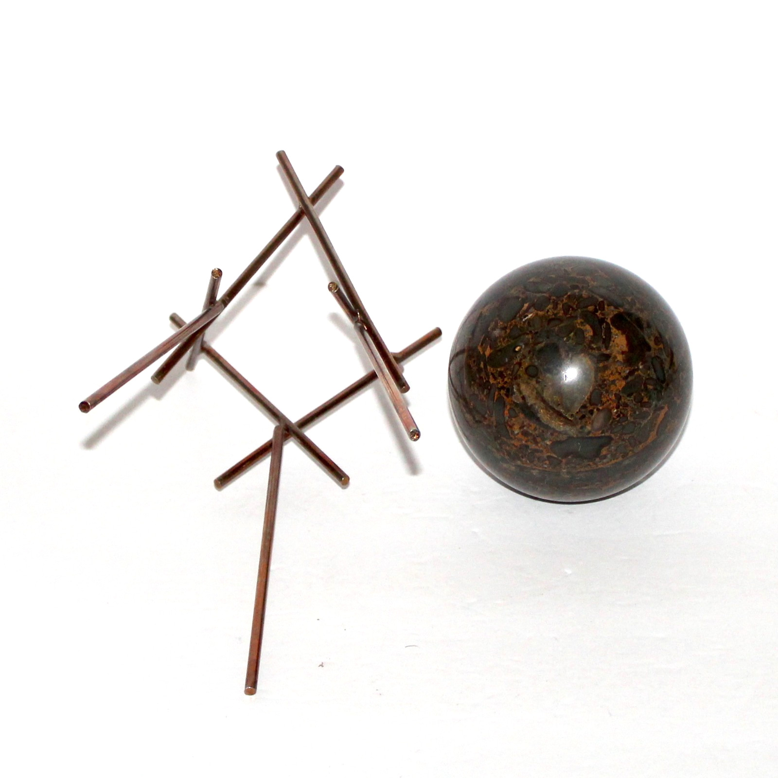 Vintage Bamboo Jasper Sphere 4” on brass Stand MCM decor stone ball 3lb 9oz