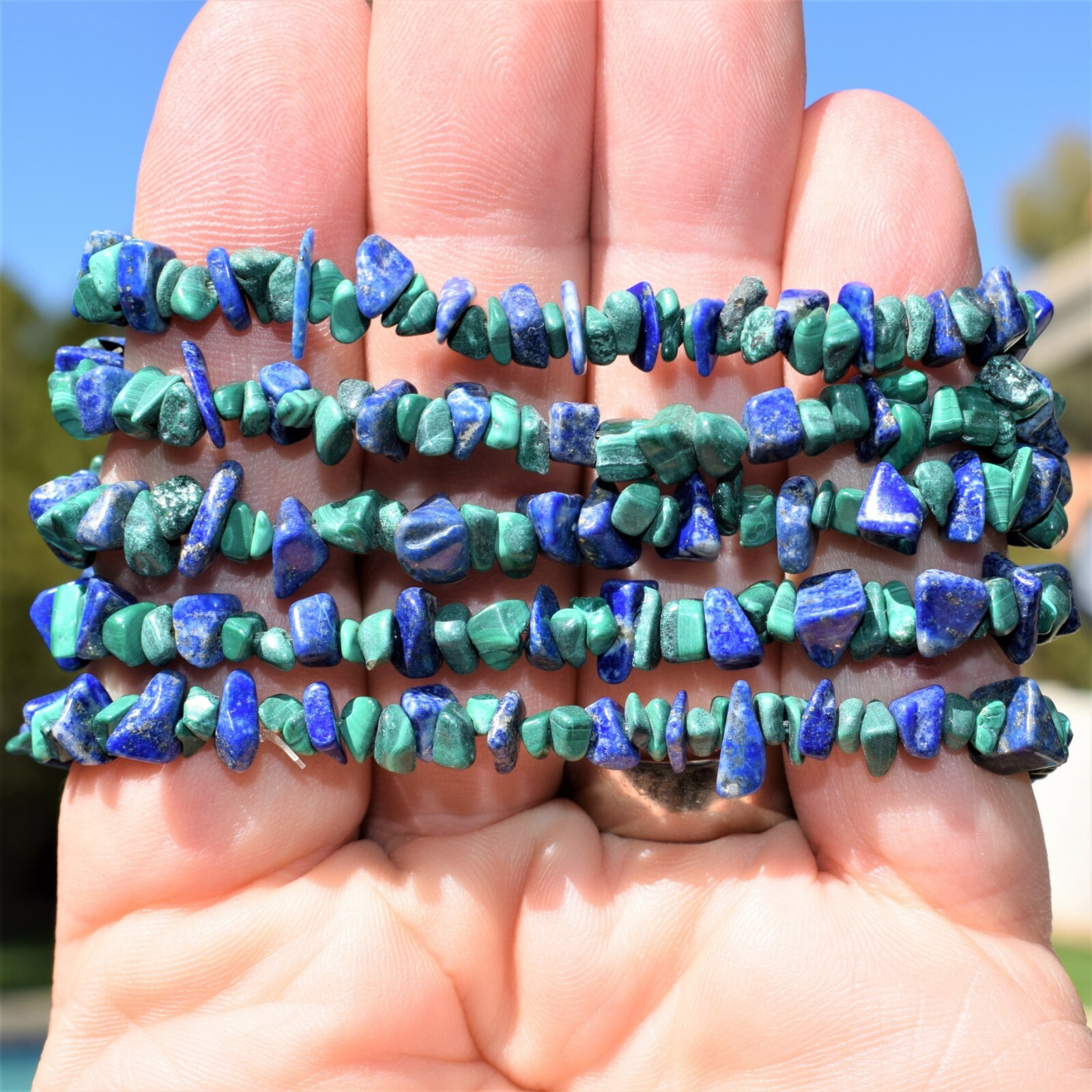 CHARGED Lapis Lazuli Malachite Crystal Stretchy Bracelet + Selenite Puffy Heart