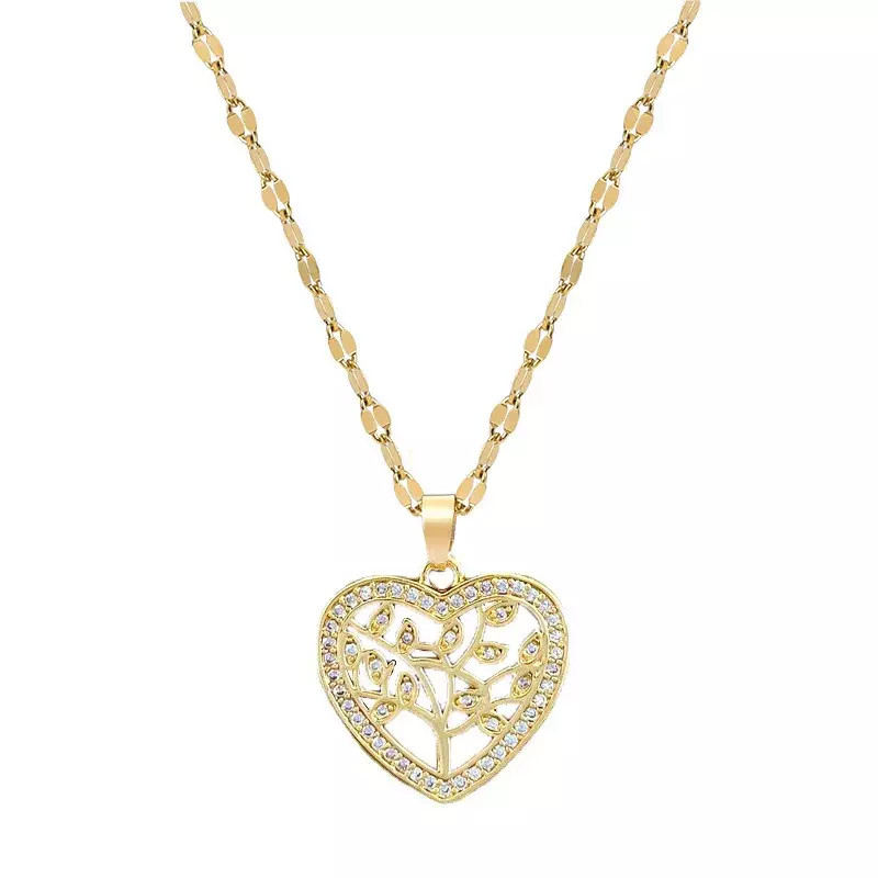 Women Fashion Jewelry Cubic Zircon Gold Tree Of Life Heart Pendant Necklace 1PC