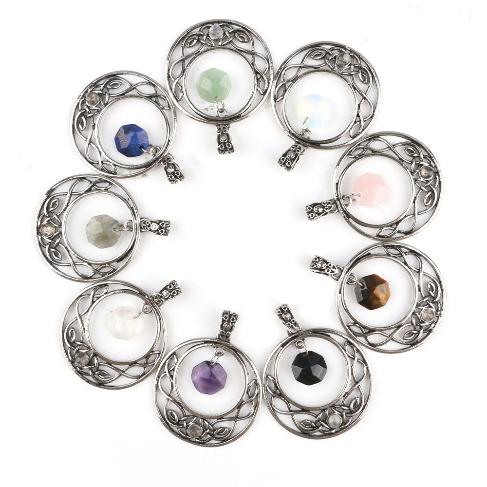 Natural Faceted Crystal Hexagonal Pendant Round Hollow Celtic Knot Beads Chakra