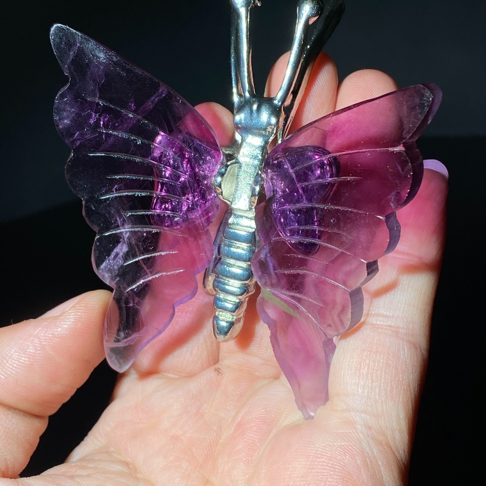 Natural Crystal Fluorite Butterfly Wings Healing Statue Decor + Stand