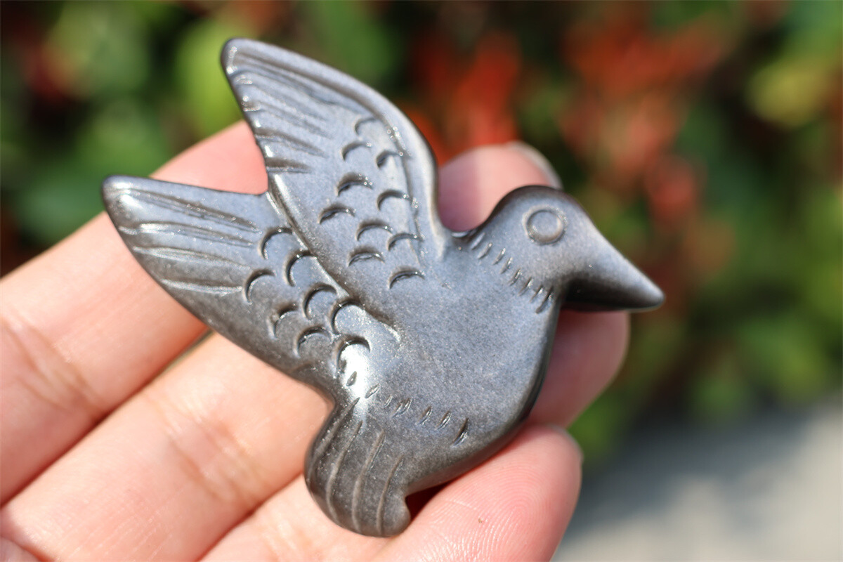 2.3” Hand Carved Natural Silver obsidian Hummingbird Crystal figurine gift 1x