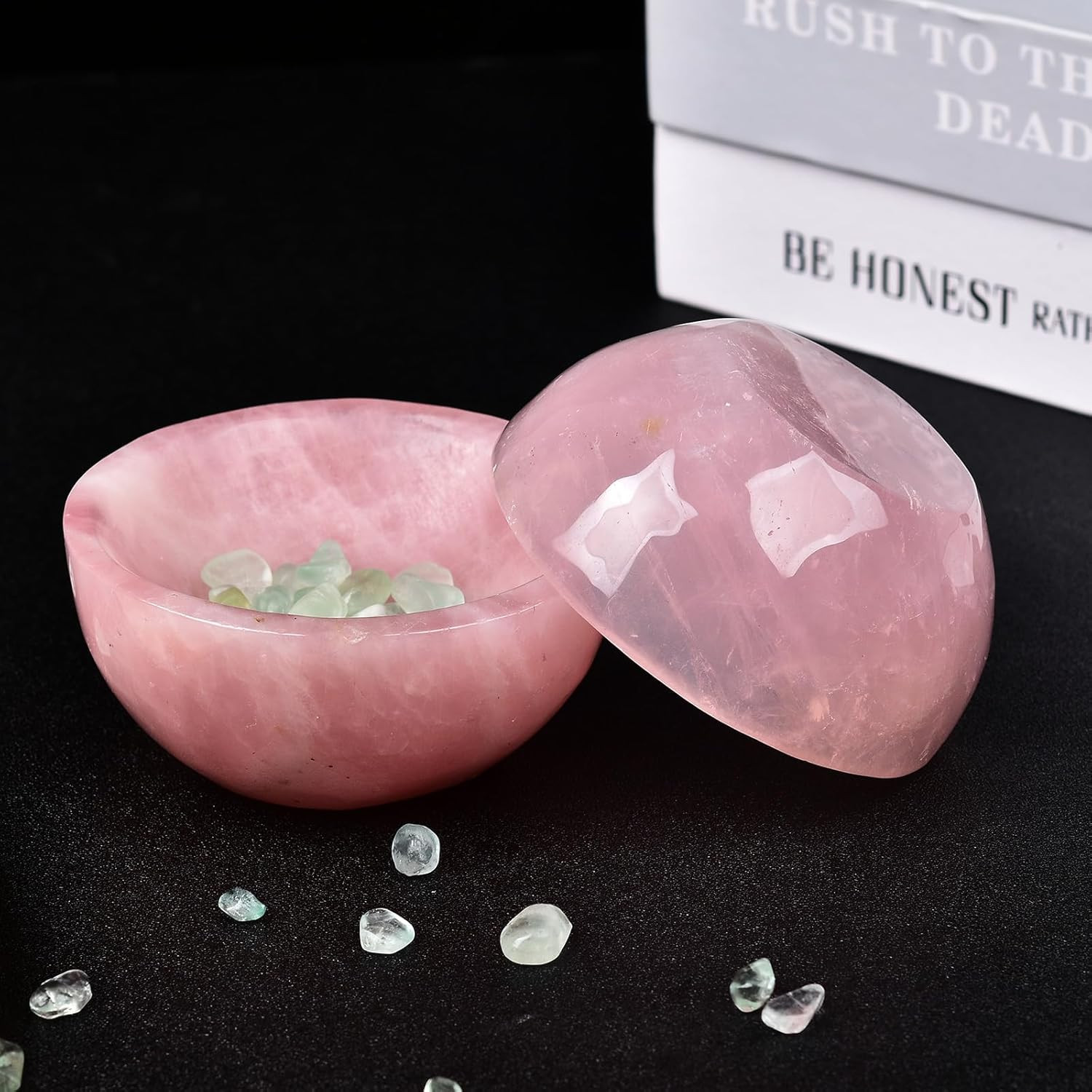 Large Rose Quartz Crystal Bowl Hand-Carved round Pink Crystals Gemstone Bowl Rei
