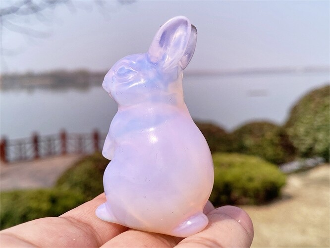 2″ Hand Carved Pink opalite Rabbit Reiki Quartz Crystal Skull Figurines decor 1x